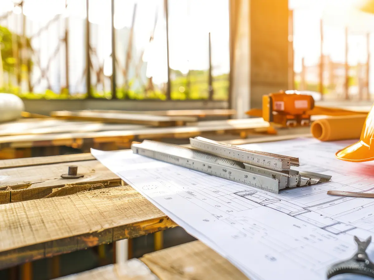 Construction drawings, safety helmet and site tools on an Aeterna Group job
