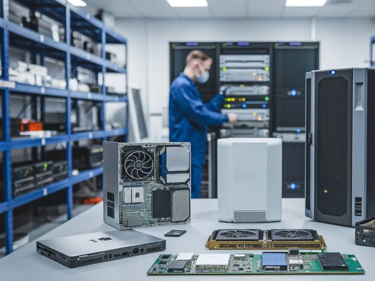 Servers, workstations and network hardware staged in the Aeterna Group IT build area