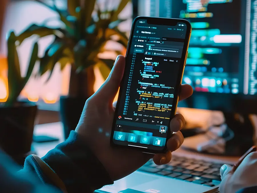 Mobile application under development on a phone beside a code editor
