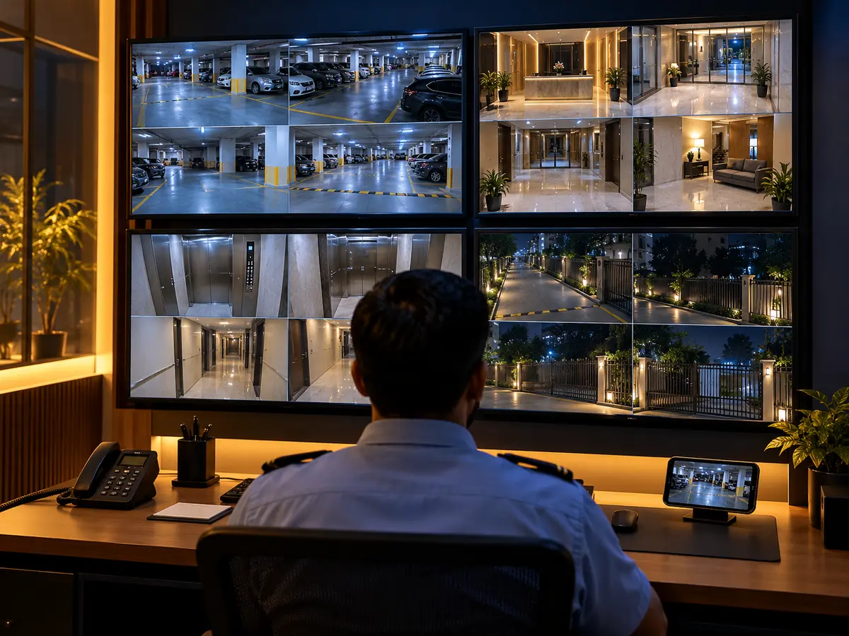 Guard at a monitoring desk watching live parking, lobby, lift and perimeter camera feeds